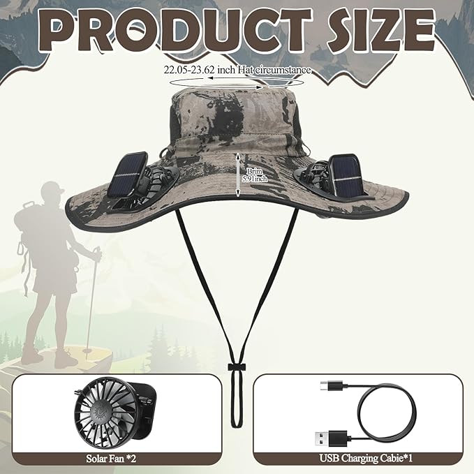 Berlune Men Sun Hat with 2 Solar Fans Wide Brim Outdoor Fishing Hat USB & Solar Powered for Sun Protection Camping Hiking