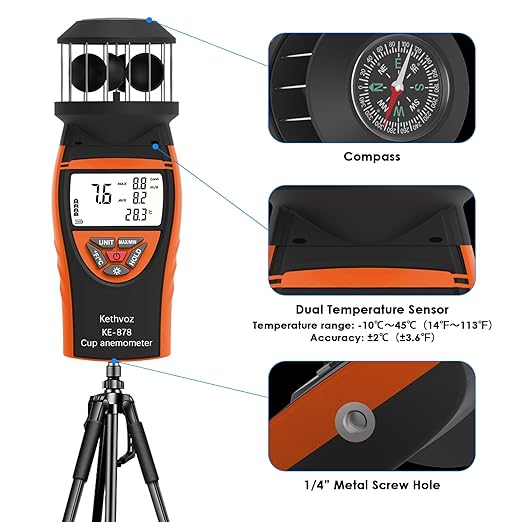 Handheld Cup Anemometer, Kethvoz Digital Air Flow Meter Measure Wind Speed up to 42m/s, Test Temperature for Shooting Hunting Paragliding Outdoor Activities