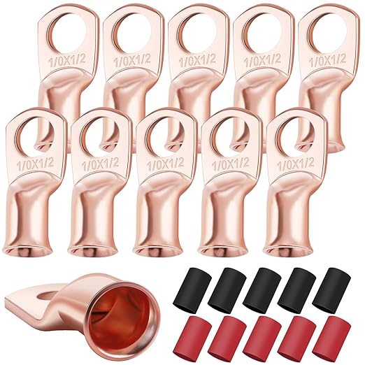 XHF 10PCS 1/0 AWG-1/2 Heavy Duty Battery Lugs with 3:1 Heat Shrink Tubing, Ring Terminals Battery Cable Ends Copper Eyelets Electrical Battery Connectors