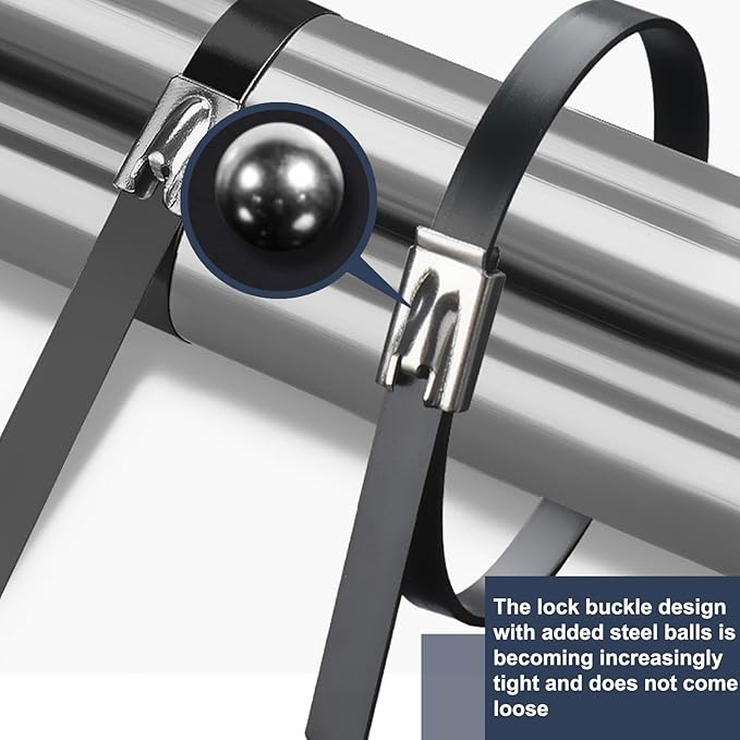 100PCS 11.8" Black Epoxy Coated Metal Zip Ties, Heavy Duty Self-Locking Stainless Steel, Corrosion Resistant for Harsh Environments, Ideal for Machinery, Vehicles, Farm, Cable & Pipe Binding