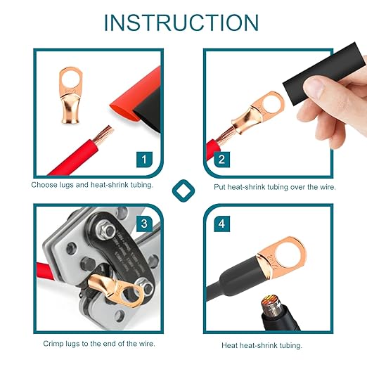 8 PCS Battery Terminal Connectors, Battery Cable Ends Lugs, 1 Gauge Wire Connectors, Ring Terminals, Copper Wire Lugs with Heat Shrink Tubing.