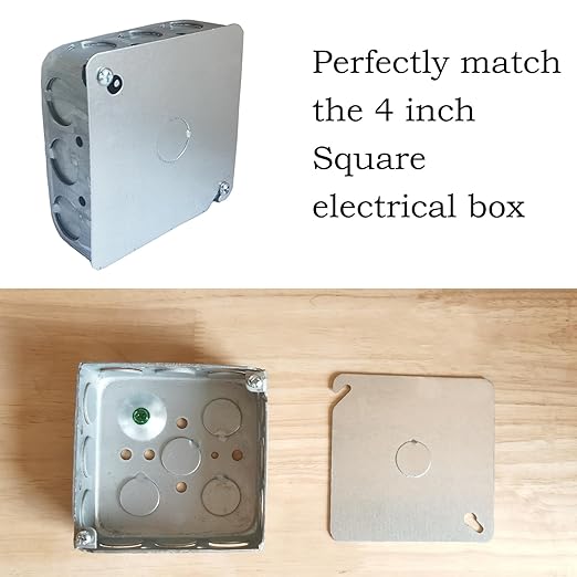 4 Pack Square Electrical Box Covers with 1/2 Inch Knockout, 4 Inch Metal Junction Box Covers, Flat Outlet Box Cover for 4 inch Square Box, EBC-square-1