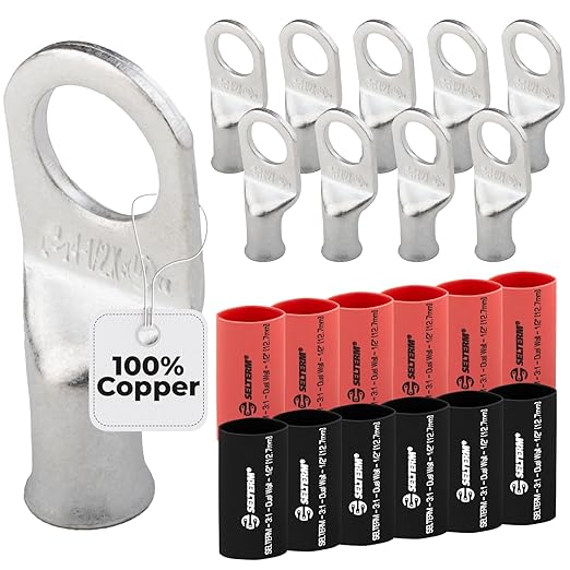 SELTERM 10pcs - 4 Awg - 1/2" Stud - Battery Lugs - Ring Terminal Connectors | with 12pcs 3:1 Black & Red Heat Shrink Tubing with Adhesive | Heavy Duty Battery Cable Ends - Tinned Copper Wire Lugs Kit