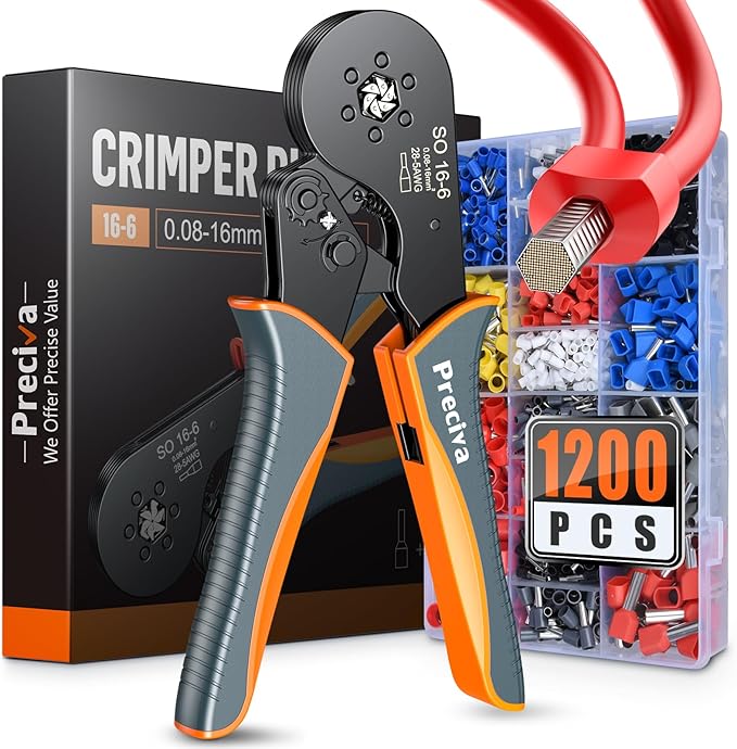 Ferrule Crimping Tool Kit, Preciva Upgrade Double & Single Ferrules Connectors, Hexagonal Ratchet Jaw Wire Crimping Pliers AWG 28-5 with 1200PCS Terminal Connector Sleeves