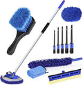 anngrowy 56.7" Car Wash Brush Mop Kit Mitt Sponge with Long Handle Car Cleaning Supplies Kit Tools Car Washing Duster Exterior Scratch Free, Chenille Replacement Head Extension Pole (Blue Set)