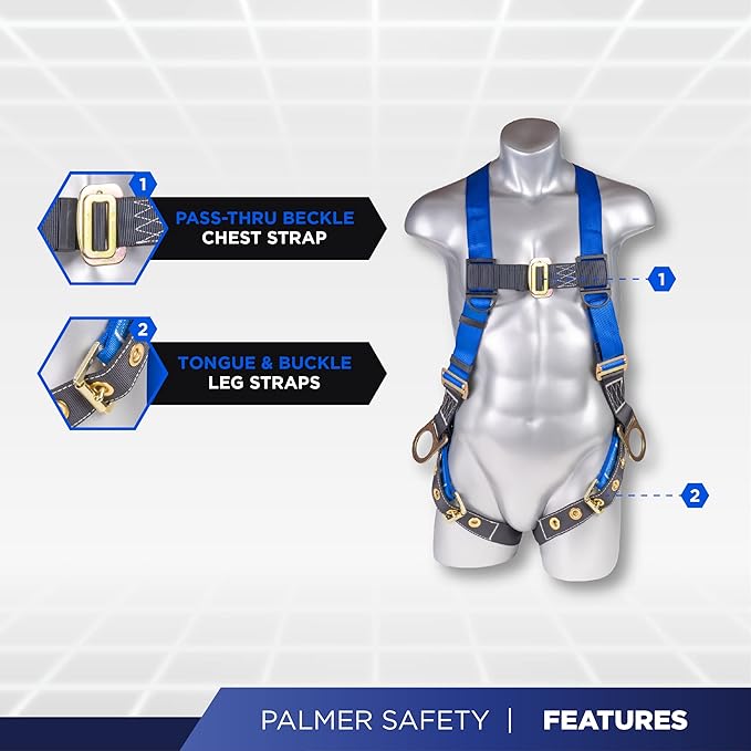 Palmer Safety Fall Protection Roofing Bucket Kit I Full-Body Harness, 50' Vertical Rope & Anchor Set I Safety Harness Kit