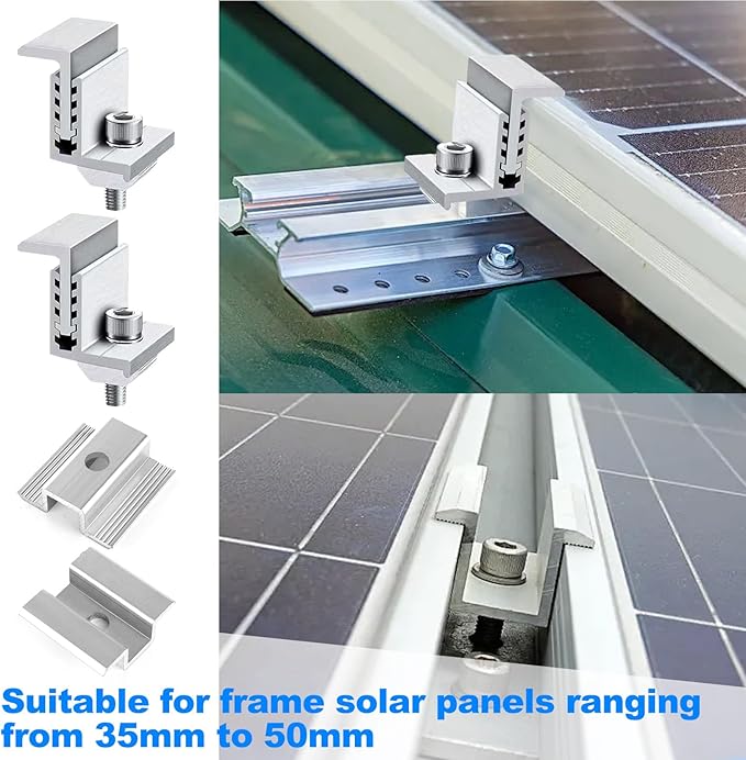 LANIAKEA 28PCS Solar Panel End Clamps 35-50 mm Adjustable End Panel Clamps Aluminum Solar Mid Clam for Metal Roof, Tin Roof, Flat Roof, Solar Panel PV Mounting System
