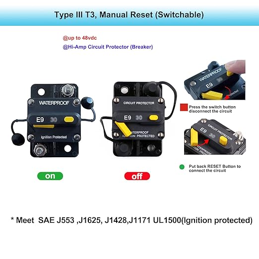 Heavy Duty 3/8" Studs Circuit Breaker 12V-48V 200A High Current with Manual Reset Switch for Car Audio Truck RV Travel Trailer Boat Marine Solar DC System Motors, UL, IP67 Waterproof