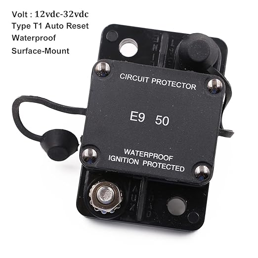 50A Automotive Circuit Breaker Auto Reset No Switch Button for Boat, Car Audio, Solar System, Battery Protection 12V-32V DC