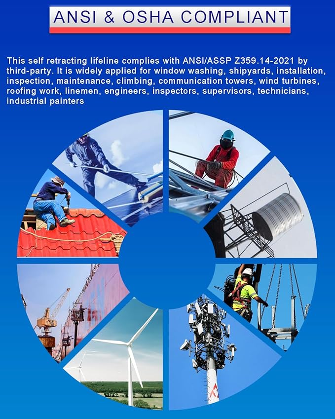 17FT Self Retracting Lifeline, Fall Protection Steel Wire SRL, Aluminum Housing Safety Retractable Lanyard, PPE Roofing Gear