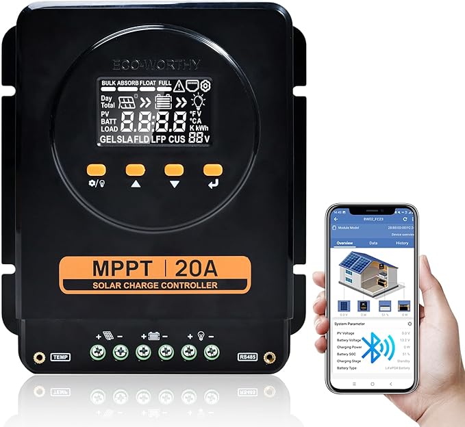 ECO-WORTHY MPPT Solar Charge Controller 12V/24V 20A,Bluetooth & APP Monitoring,LCD Display, Solar Panel Regulator for Gel,SLA,FLD,LFP Battery in Solar System,RV