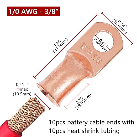 TKDMR 10pcs 1/0 AWG-3/8 Battery Lugs,Heavy Duty Wire Lugs,Ring Terminals,Battery Cable Ends,0 Guage terminals,Battery Terminal Connectors with 10pcs 3:1 Heat Shrink Tubing