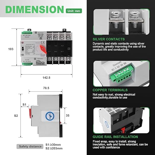 100Amp AC 220V Automatic/Manual Transfer Switch 4P 50/60Hz, 4POLE 100A Mini ATS Solar Auto Dual Power Switch for Home, Din Rail Mounted Cn Automatic Changeover Fast Transfe for Rv, Lv Power