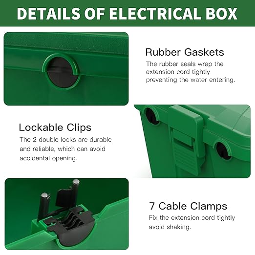 Large Outdoor Waterproof Electrical Box(12.9X 8.3 x 5.2 inch), IP54 Weatherproof Extension Cord Cover with 7 Cable Seal Entry, Protect Power Strip, Timer Outlet Plug, Holiday Light Decoration, Green