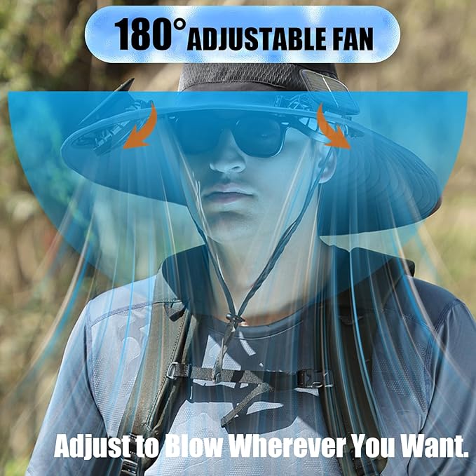 Solar Fan Sun Hat, Widen Brim Outdoor Fishing Men Hat with 2 Fans, Adjsutable 180°Rotating Cooling UPF 50+