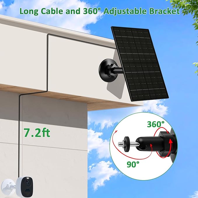 Zivif 6W Solar Panel for Security Cameras, 5V Solar Charger Compatible with Rechargeable Battery Cameras, with USB-C & Micro USB Port, IP66 Waterproof, 360° Adjustable Mount & 7.2ft Cable, Black