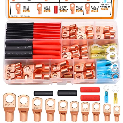mankk 110PCS Copper Wire Lugs AWG 2 4 6 8 10 12 14 16 Gauge Battery Terminal Connectors Battery Cable Ends Connectors Copper Ring Terminal Kit with Heat Shrink M-167-110PCS-tbz