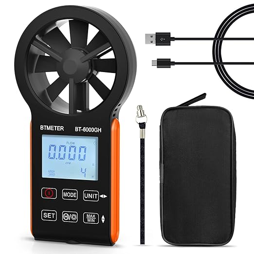 BTMETER Anemometer CFM Wind Meter, Air Flow Gauge Measure Wind Speed 0.3~30m/s, Monitor Airflow Volume 0-999900 ft3/min for HVAC Duct Air Vent, Touch-Screen Windometer 6000GH