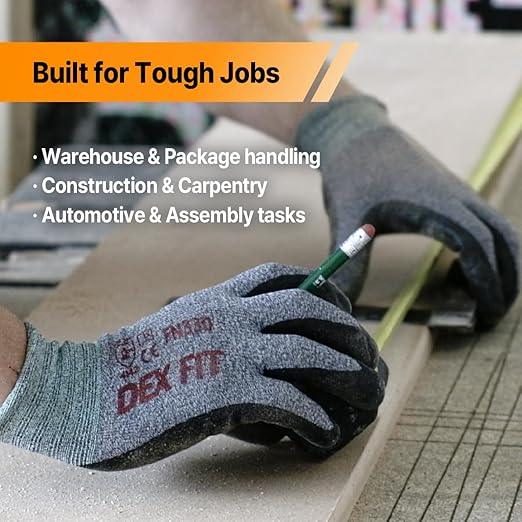 DEX FIT Nitrile Work Gloves FN330, 12 Pairs, 3D-Comfort Stretchy Fit, Firm Grip, Thin & Lightweight, Touch-Screen Compatible, Durable, Breathable & Cool, Machine Washable; Black Grey XXL (11)