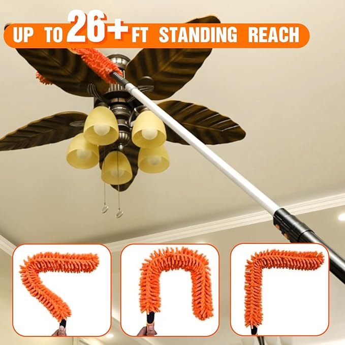 26FT Reach Ceiling Fan Cleaner Duster, Fan Blade Cleaner Kit with 5-20FT Extension Pole, Microfiber Duster & Replaceable Cleaning Cloth for Blades, Ceiling, Furniture