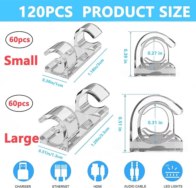 120 PCS Cable Clips (Small & Large),Adhesive Cable Clips for Wall,Finisher Wire Clamp for TV PC Laptop,Cable Management Clips Outdoor Light Clips