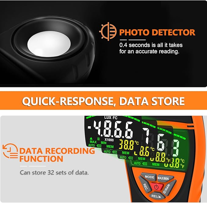 HOLDPEAK Light Meter, Digital Lux Meter 0.1-400,000 Lux, 270º Rotatable Detector, Large Color Backlit Display, Illuminance Meter Temp Luxmeter Lumen Meter for Photography 8801A