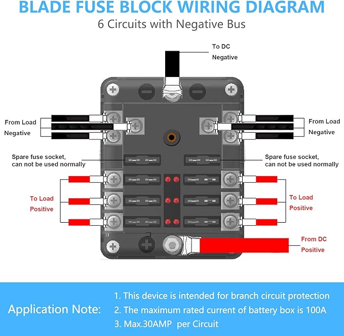 6 Way 12V Fuse Box 12Volt Blade Fuse Block Holder, 6 Circuit W/Negative Bus Waterproof Fuse Box with LED Indicator for 12V/24V Automotive Golf Cart Truck Car Boat Marine RV Van Vehicle