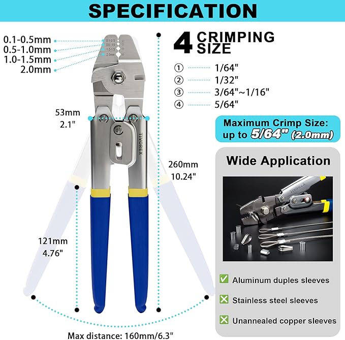 Wire Rope Crimping Tool, Swager Tool for Aluminum Crimping Loop Sleeves up to 2.0mm, 1/64in to 5/64in Stainless Steel Cable Crimper for Cable Crimping and Swaging Projects