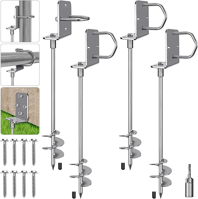 30" Heavy Duty Screw in Ground Anchors Kit, 3" Spiral Windproof Earth Anchors for Trampoline, Shed, Swing Set & Mobile Home, Fully Welded Steel with Nut Driver Drill Bit (Set of 4)
