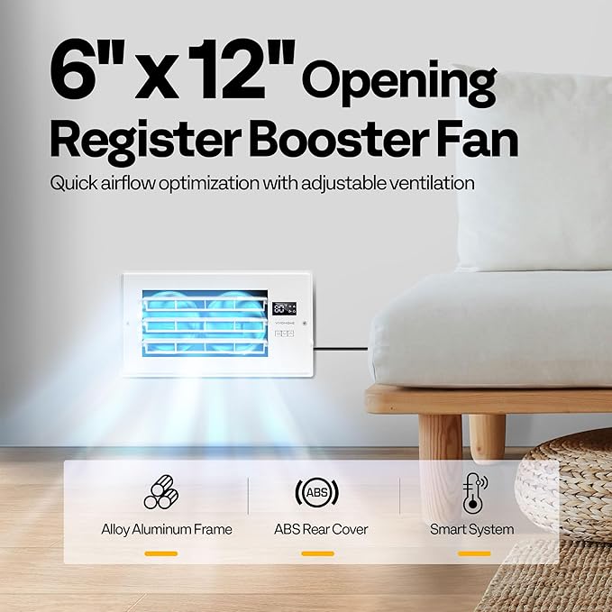 VIVOHOME Register Booster Fan - 6'' x 12'' Opening with Adjustable Louver - Smart Thermostat & 10-Speed Remote Control - AC Vent Fan for Floor, Ceiling, Wall - Quiet Operation (White)