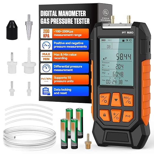Manometer Gas Pressure Tester -100 to 200Kpa Dual-Port Digital Manometer 10 Measurement Units, Manometer HVAC Gas Pressure Tester with 29 Sets Data Recording, Backlight & Flashlight, Auto-Shutdown