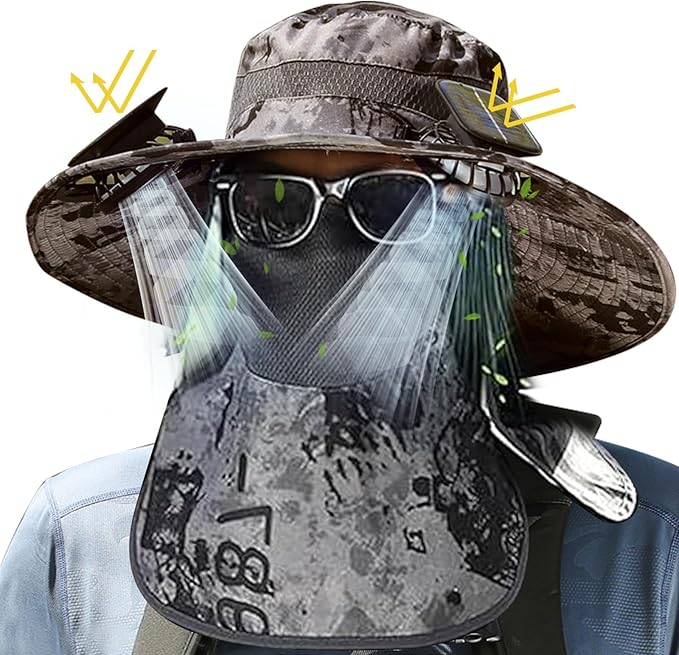 Solar Fan Hat, Wide Brim Sun Hat with 2 Solar Fan, Removable Neck Cap and Face Mask, Hat with Solar Fans Built in, Fishing Hat with Fan for Men, Waterproof Outdoor Hiking Camping Fishing Hat Grey