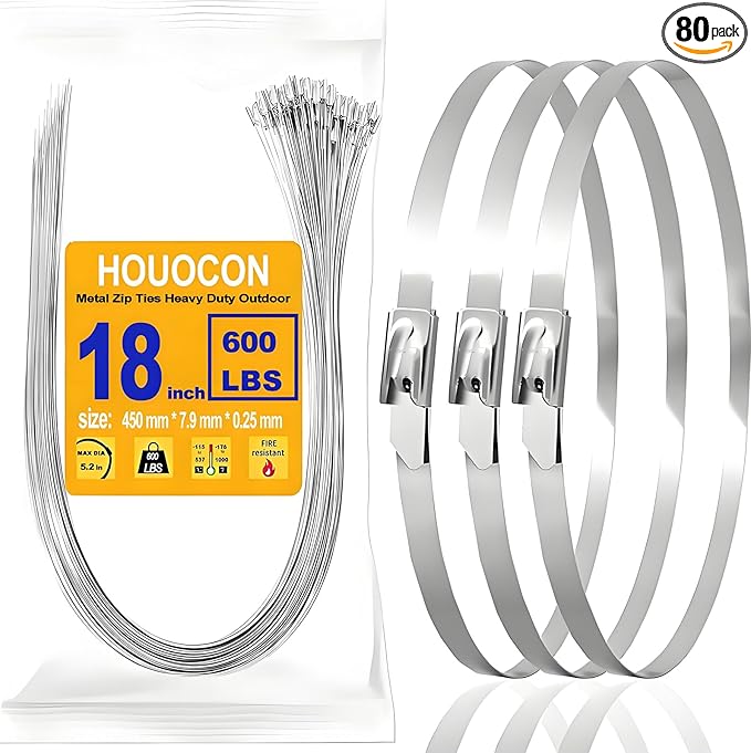 Wide Metal Zip Ties Heavy Duty Outdoor, 80 Pcs 600 Lbs 18 Inch Stainless Steel Zip Ties, Self-Locking Metal Cable Ties, Strength, Ideal for Exhaust Wrap, Cables, Farms, Pipes, Roofs, and Fence