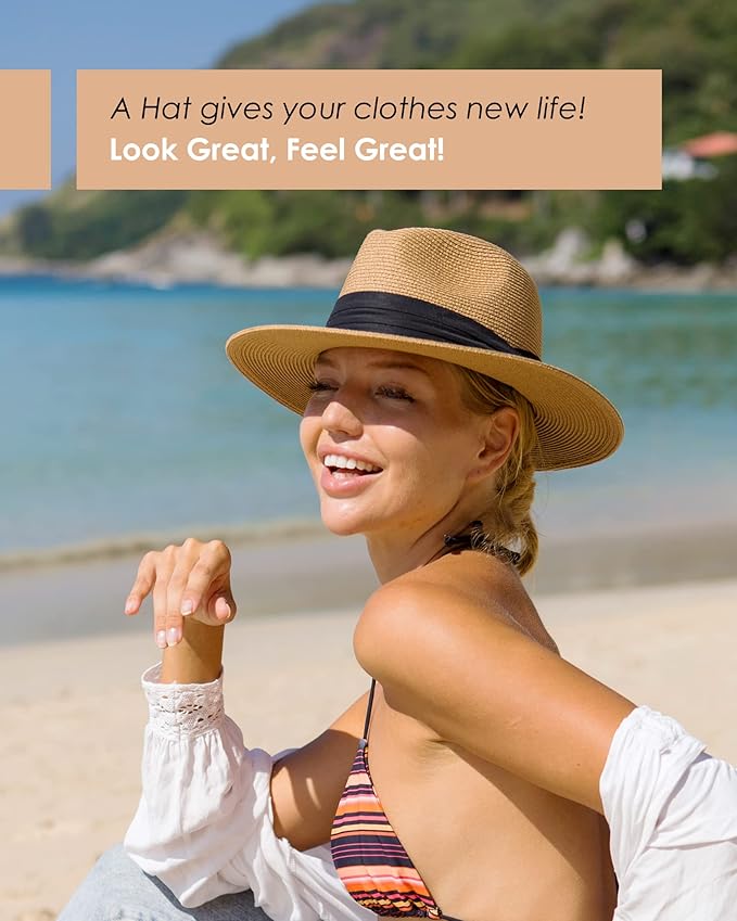 FURTALK Womens Mens Wide Brim Straw Panama Hat Fedora Summer Beach Sun Hats UPF Straw Hat for Women