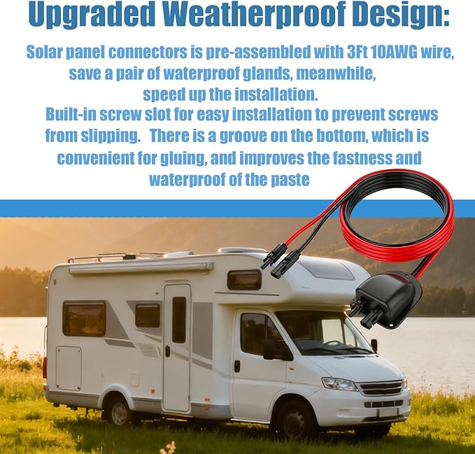 Solar Cable Entry Gland with 3FT 10AWG Solar Extension Cable MC4 Connectors Solar Junction Box Fit for RV Boat Camper & Van Lnstallations Tinned Copper Wire