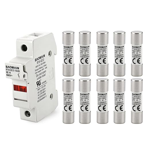 Baomain RT18-32 Fuse Holder Base with 10x4A Ceramic Fuses (10x38mm) – 1 Pole DIN Rail Mount, LED Indicator, CE Certified (4 Amp)