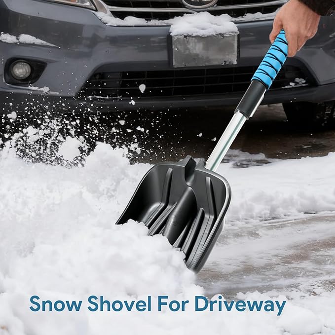Extendable Snow Shovel for Driveway Portable Snow Removal Emergency Tool with Foam Grip in Winter Snowy Day Easy Assembled Garage for Car Vehicles Outdoor Use (Shovel Only)