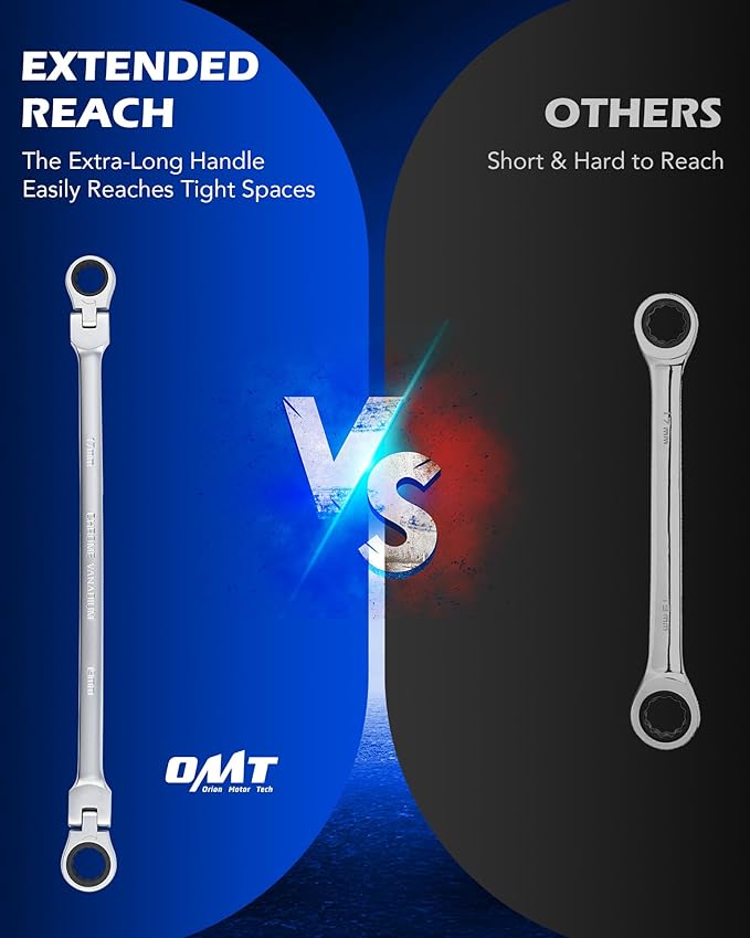 Orion Motor Tech 6-Piece Ratcheting Wrench Set, Metric 8-19 mm Flex Head Ratcheting Wrench Set, Extra Long Ratchet Wrench Set with 72 Tooth Gear & Double Box End