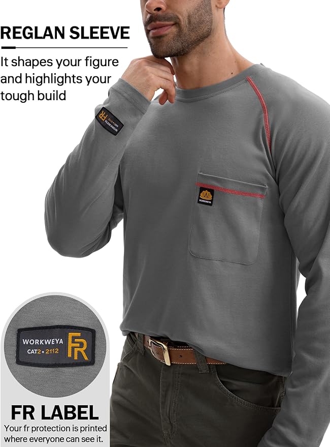 WORKWEYA FR Shirts Flame Resistant Shirt 6.5oz Men's NFPA 2112/CAT2 Long Sleeve Shirt