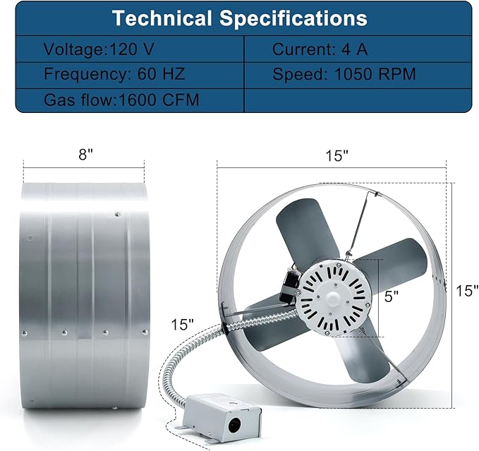 Criditpid 15" Gable Mount Vent Attic Fan, Exhaust Ventilation Fan with Adjustable Thermostat for Gable, Home, Shed, Garage, Portable Building, 3.4A, 1650CFM, 1075RPM, 2500 Sq.Ft Coverage Area.