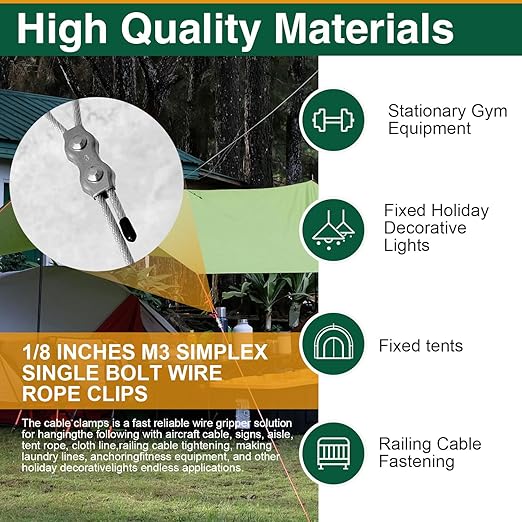 10 Pack Wire Rope Clips for 1.5-3mm Cable, M3 Stainless Steel Double Rope Clamp with Washers and Wrench