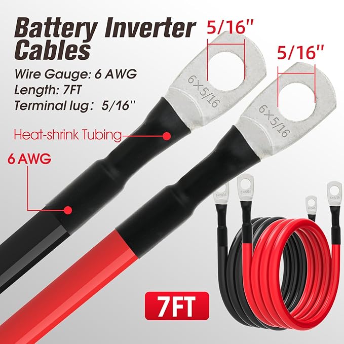 6 AWG Battery Cable 6AWG Gauge Battery Inverter Cables for Automotive Solar Marine Boat RV Car Motorcycle (6 AWG, 7FT, 5/16")