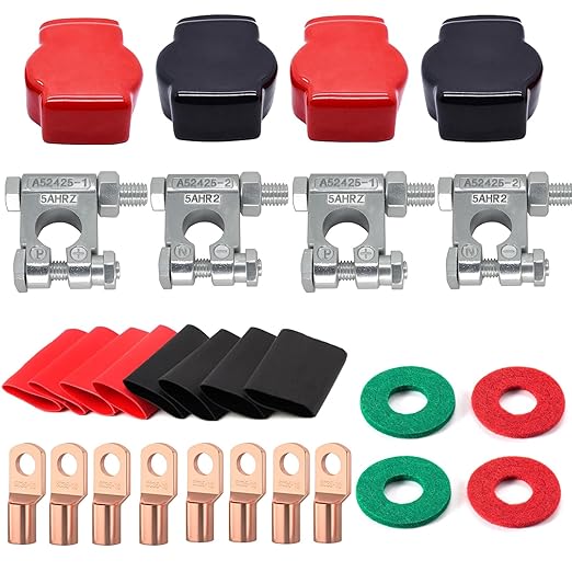 Battery Terminal Connectors, Military Spec Positive Negative Heavy Duty Auto Car Marine Battery Terminal,with 4 Pcs 2 Gauge 3/8" Copper Lugs,4 Heatshrink,2 Cover and Anti Corrosion Washers (Large Kit)
