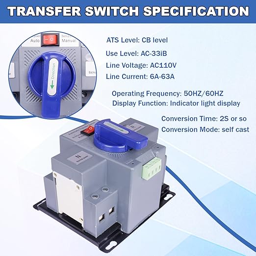 2P 63A 110V Dual Power Automatic Transfer Switch, Generator Changeover Switch 50HZ/60HZ