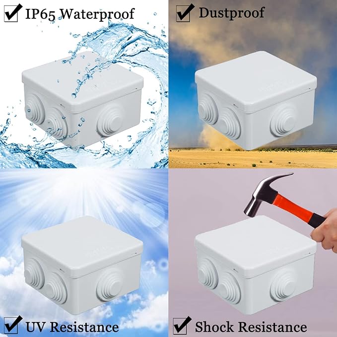 Sunnyglade ABS Plastic Electrical Junction Box IP55 Waterproof Universal Outlet Box Durable Outdoor Electrical Gang Box White （3.4 x 3.4 x 2 inch）