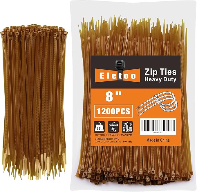 8 Inch brown Zip Ties (1200 Pack), 35 LBS Tensile Strength, Self-Locking Nylon PA66 UV Resistant Cable Ties for Indoor and Outdoor Use