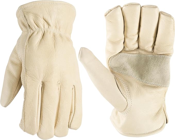 Wells Lamont Leather Work Gloves for Men – Grain Cowhide, Reinforced Palm – Ideal for Construction, Farming, Ranching – Ergonomic Fit, Keystone Thumb, Elasticized Wrist – Beige, XX-Large (1130XX)