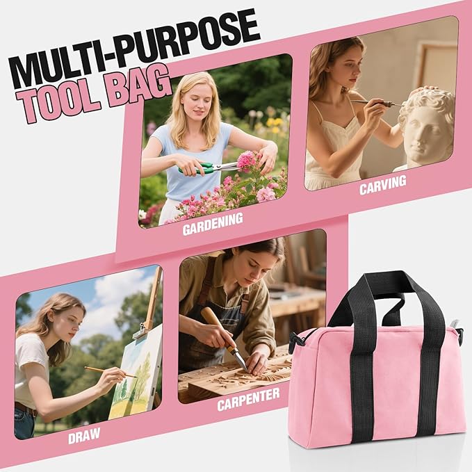 Small Tool Bag, Canvas Tool Storage Bag, Large Capacity Multipurpose Zipper Soft Tote Organizer Pouch for Electrician, Plumbing, Gardening,Tools Bags for Men (Pink, 13 Inch)