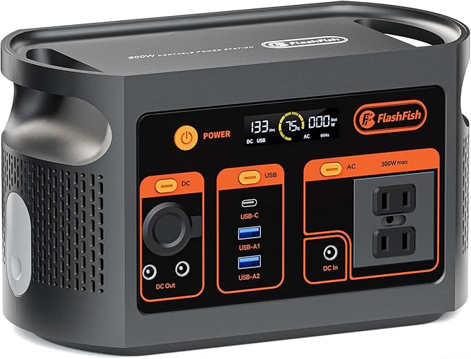 FF Flashfish Portable Power Station, 179Wh LiFePO4 Battery Pack, Solar Generator With 300W AC Output(Peak 600W), UPS, Full Charge in 70Min., Backup Power Emergency Power Supply For Home, Camping, CPAP