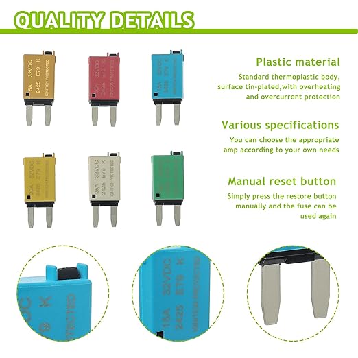 5A 10A 15A 20A 25A 30A DC 12V-32V Manual Reset Circuit Breaker ATM Low Profile T1 Mini Blade Fuses Breakers for Car Trucks Marine Boat RV Solar and More